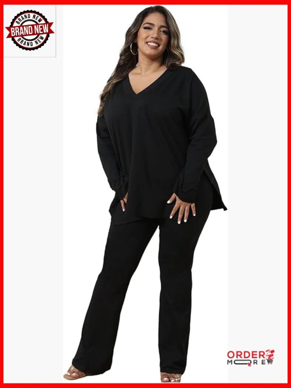 Plus Size 2 Piece Tracksuit Set Long Sleeve V Neck Flare Leg Lounge Wear